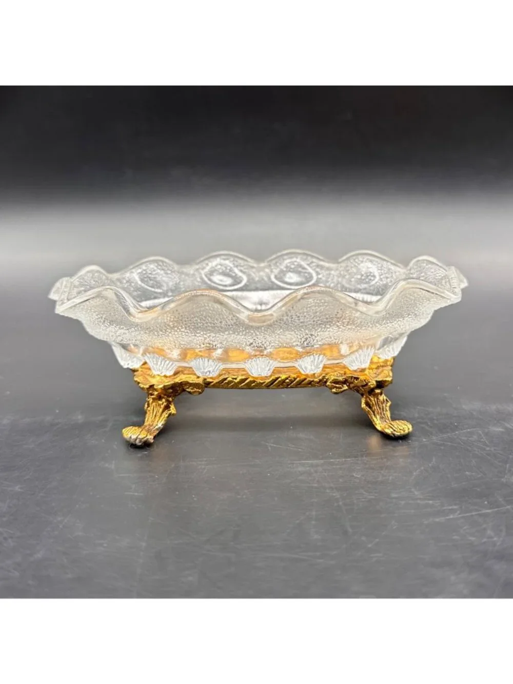 Vintage Vanity Soap Dish Trinket Holder  Hollywood Regency Gold Glass Stylebuilt